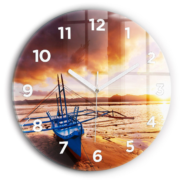 Reloj de pared redondo Barco y puesta de sol