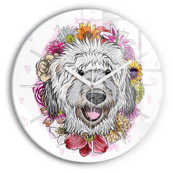 Reloj redondo pared Perro feliz entre flores