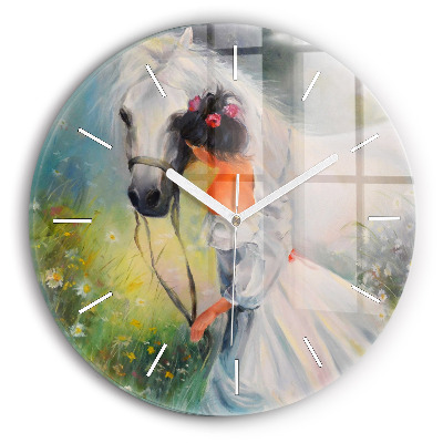 Reloj de pared redondo Hermosa mujer con un caballo