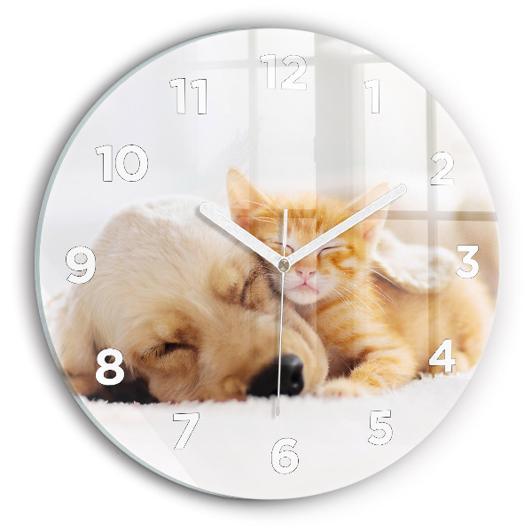 Reloj de cristal redondo Gato y perro durmiendo