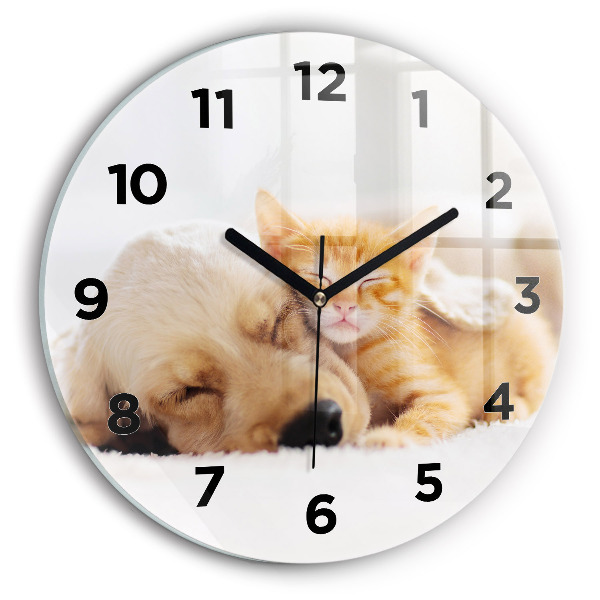 Reloj de cristal redondo Gato y perro durmiendo