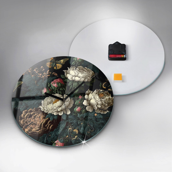 Reloj de pared redondo Flor y mariposas doradas