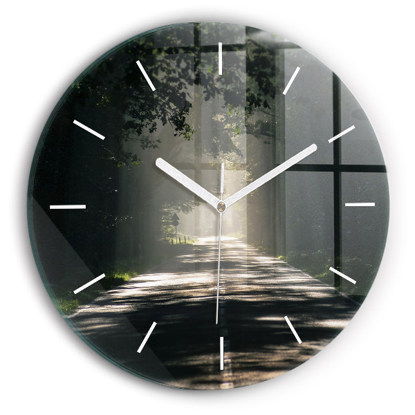 Reloj de pared redondo Carretera forestal y rayas de sol