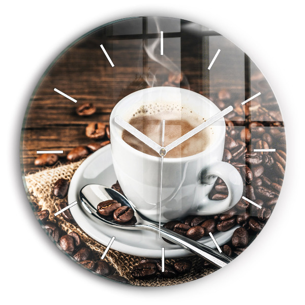 Reloj de cristal redondo Taza y granos de café