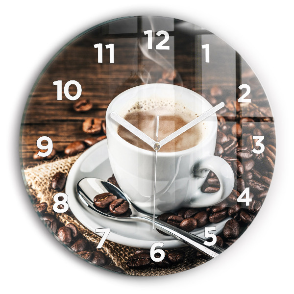 Reloj de cristal redondo Taza y granos de café
