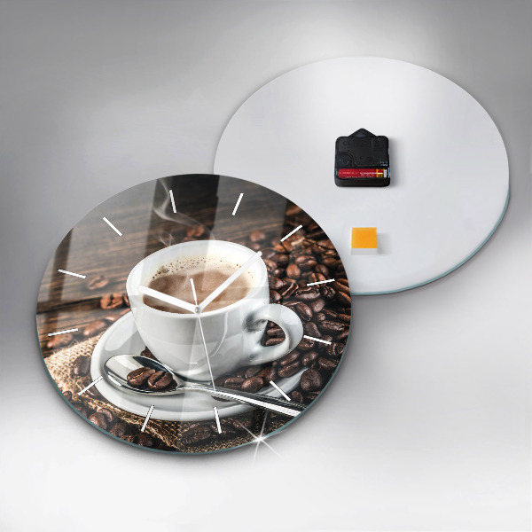 Reloj de cristal redondo Taza y granos de café