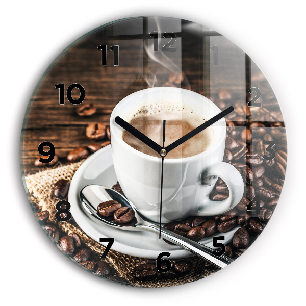 Reloj de cristal redondo Taza y granos de café